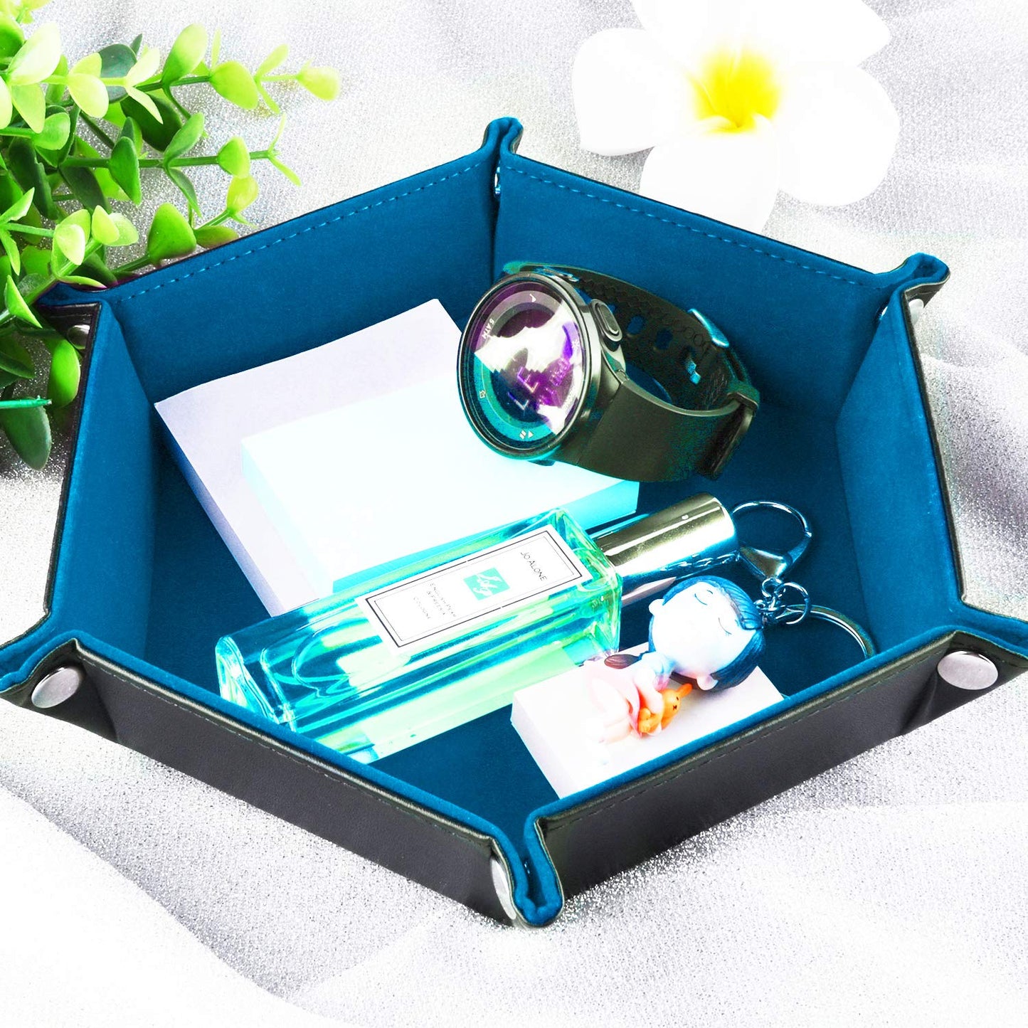 SIQUK Double Sided Hexagon Dice Tray – Velvet Interior & PU Leather Exterior, Folding DND Dice Holder, Sky Blue