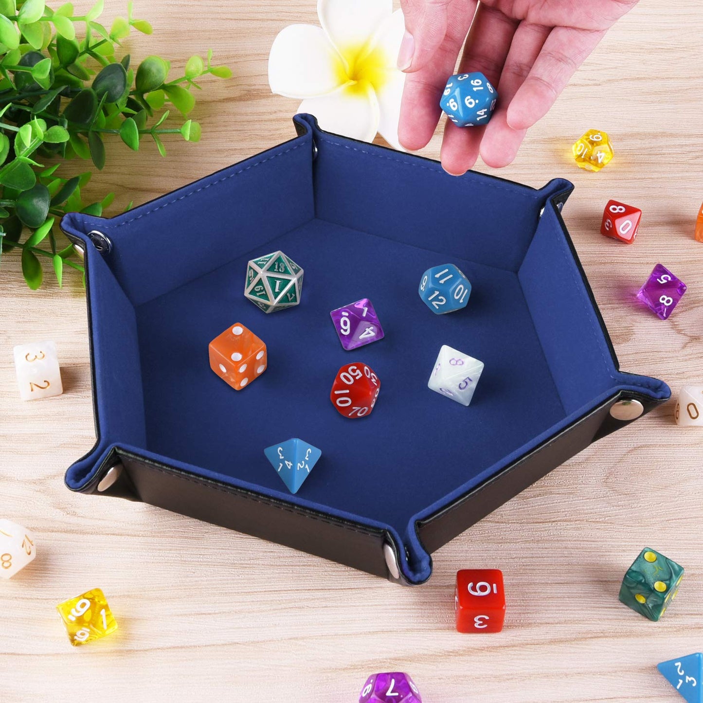 SIQUK Double Sided Dice Tray – Hexagon, Velvet Interior, Leather Exterior (Blue)