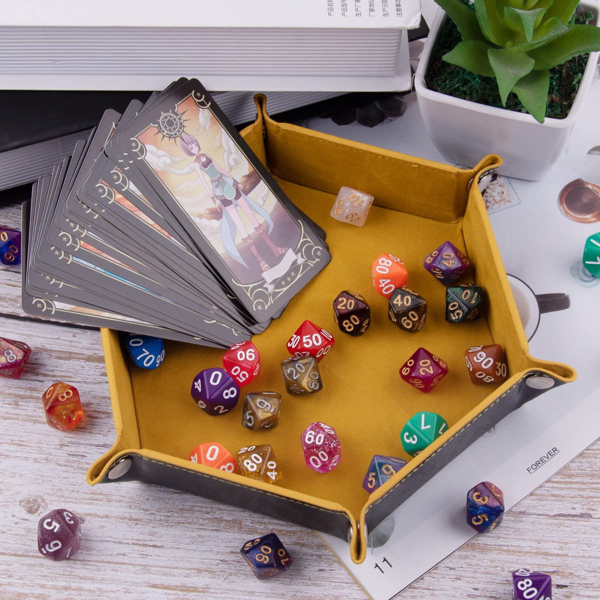 SIQUK 4-Piece Foldable Hexagon Dice Tray Set – PU Leather Dice Holder for RPG (Orange, Yellow, Cyan, Violet)