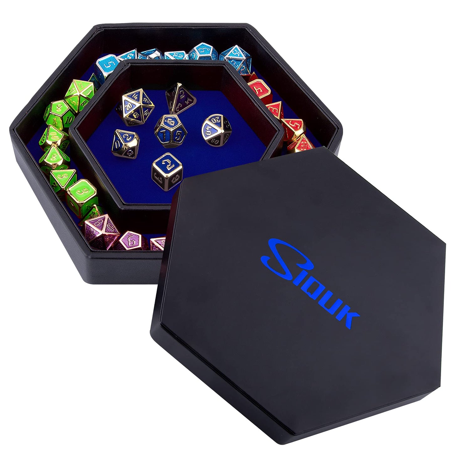SIQUK Hexagon Dice Tray with Lid – Velvet Interior, PU Leather, 8.07 x 7 x 1.2 in