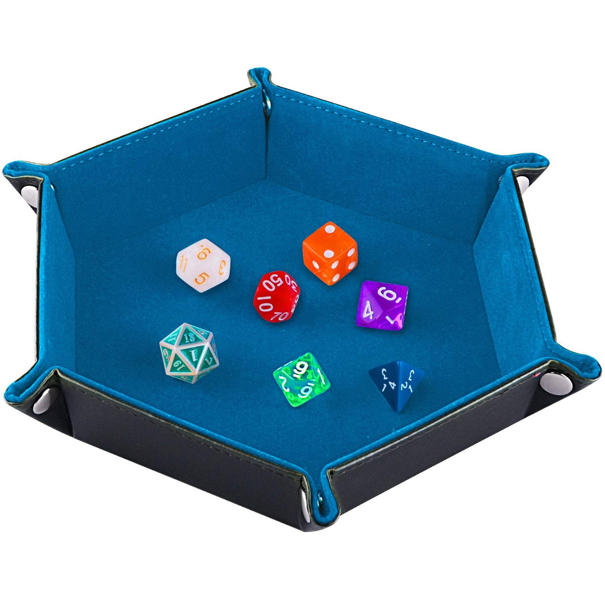 SIQUK Double Sided Hexagon Dice Tray – Velvet Interior & PU Leather Exterior, Folding DND Dice Holder, Sky Blue