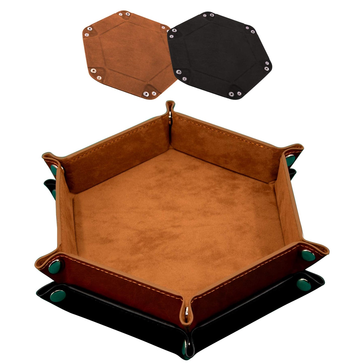 SIQUK 2-Piece Dice Tray – PU Leather Folding Hexagon Dice Holder (Camel & Black)