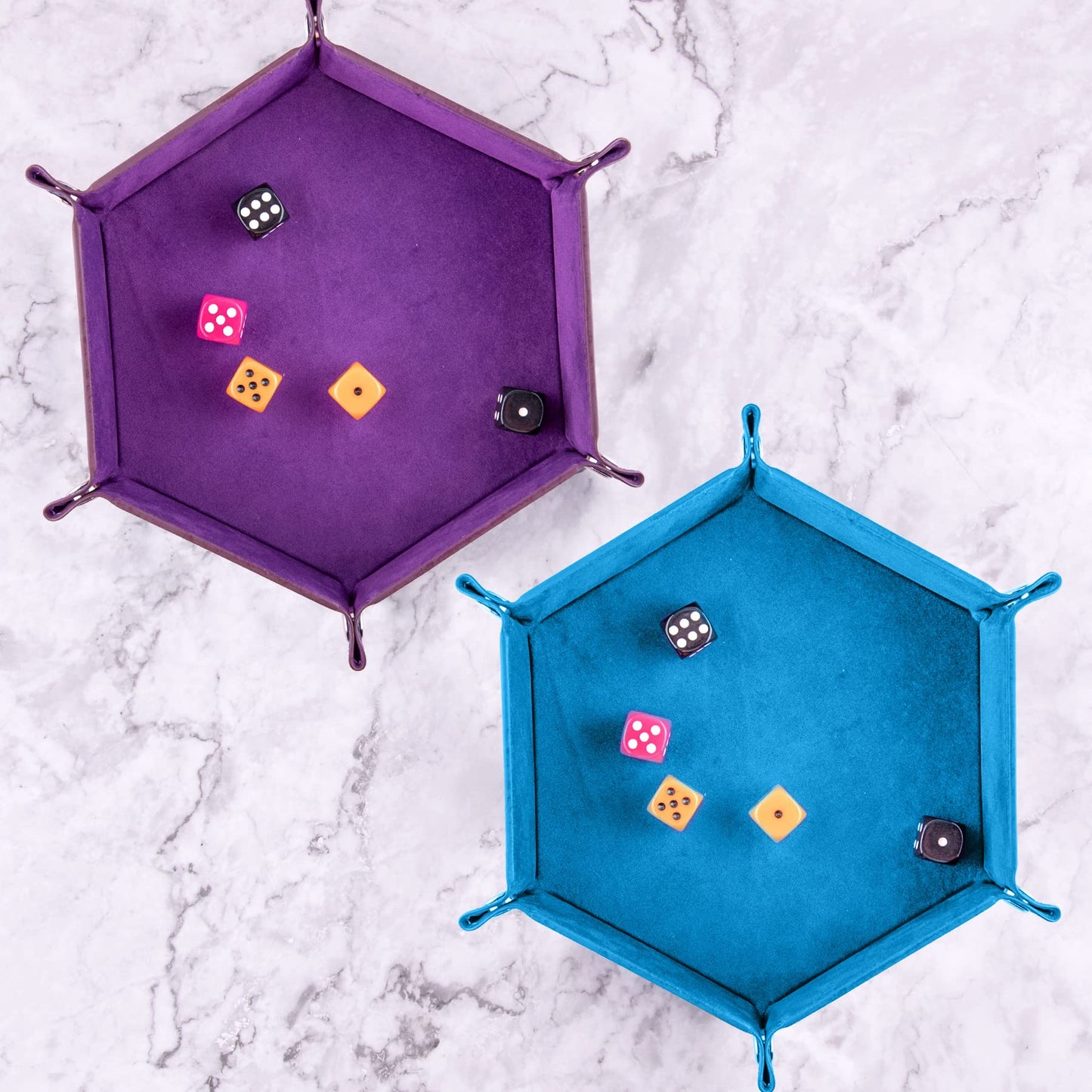 SIQUK 2-Piece Folding Dice Tray – Hexagon PU Leather Dice Holder (Violet & Sky Blue)