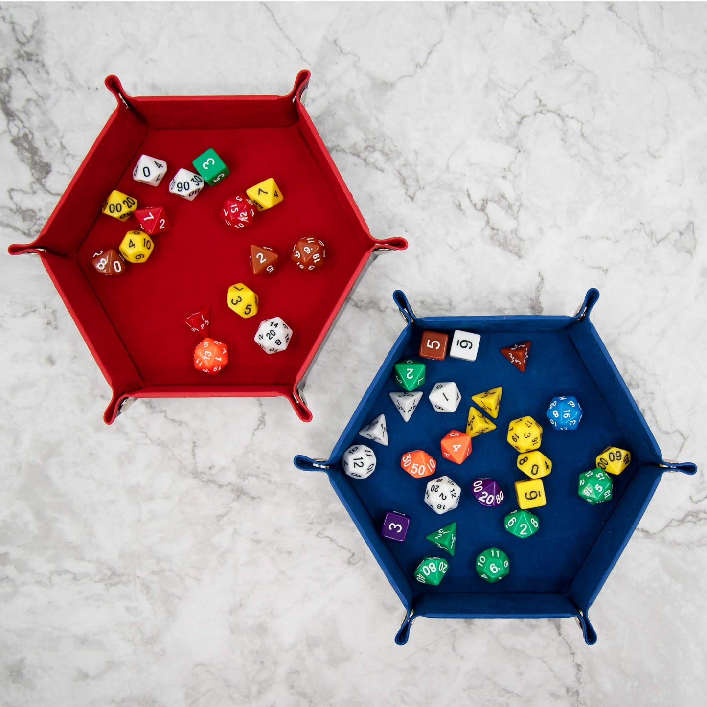 SIQUK 2-Piece Dice Tray Set — PU Leather Hexagon, Folding, 6-Snap Corners, Red & Royal Blue