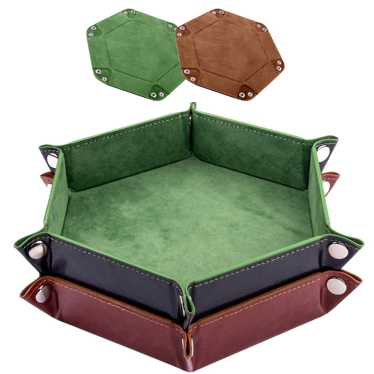 SIQUK 2-Piece Dice Tray | Portable Hexagon PU Leather Dice Roller Tray for RPG & DND – Green & Camel