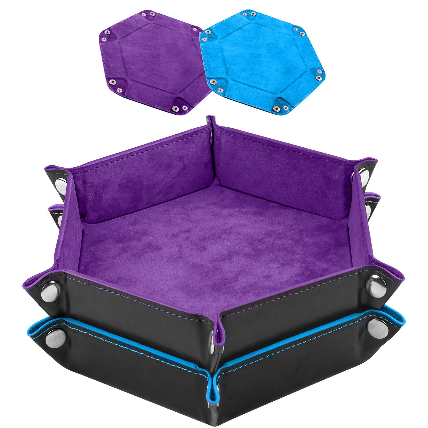 SIQUK 2-Piece Folding Dice Tray – Hexagon PU Leather Dice Holder (Violet & Sky Blue)
