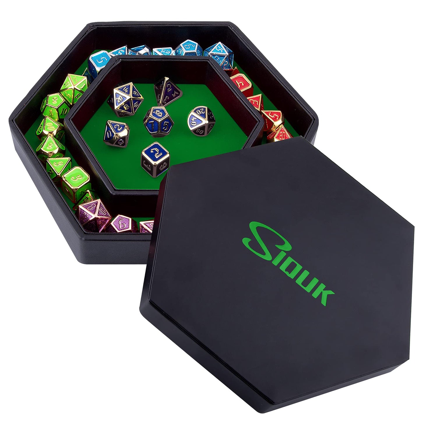 SIQUK Dice Tray with Lid Hexagon - Green Velvet Interior, Black PU Leather Exterior