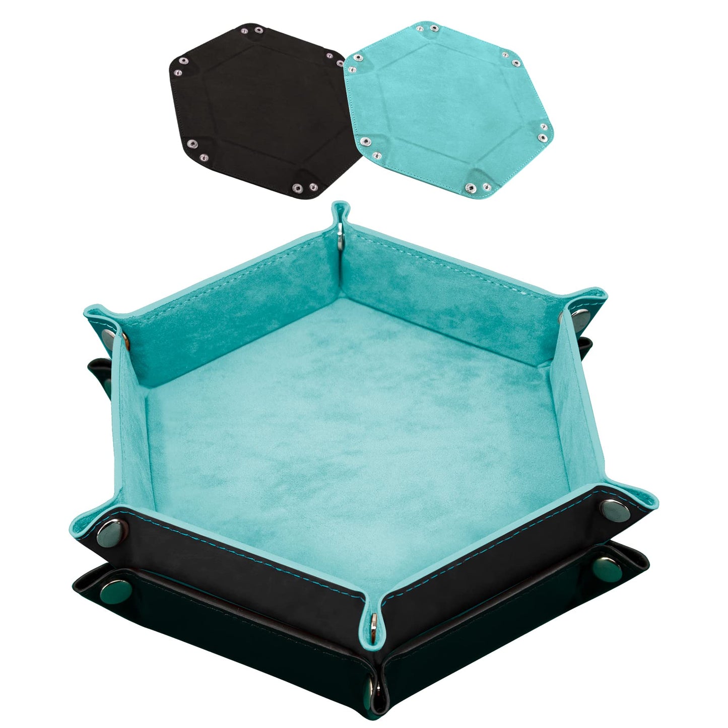 SIQUK 2-Piece PU Leather Dice Tray – Hexagon Folding Dice Holder for RPG, DND & Tabletop Games (Light Blue & Black)