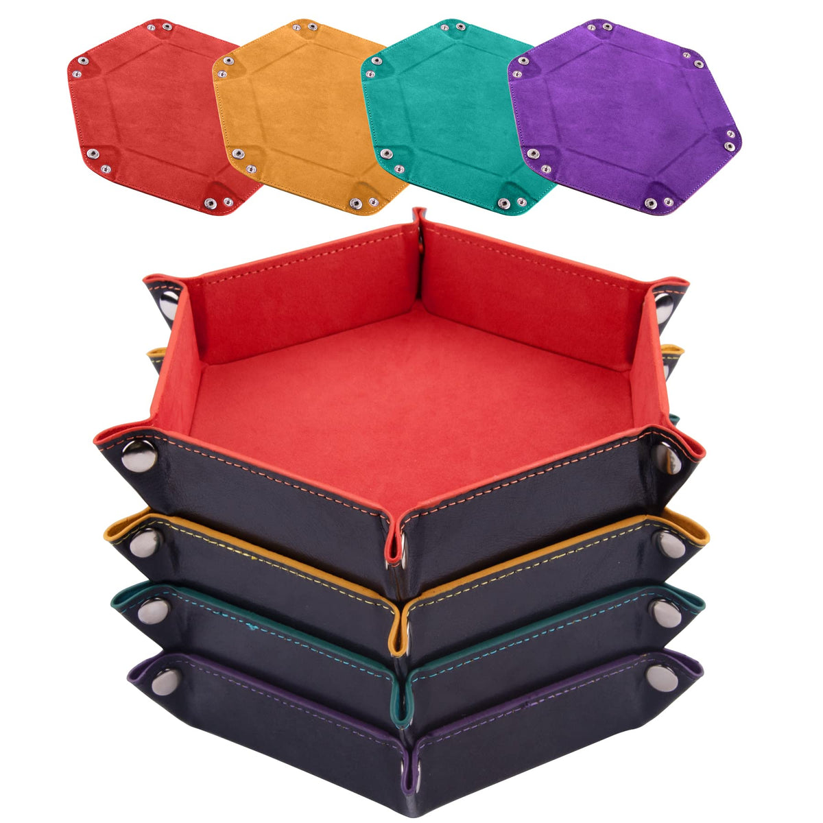 SIQUK 4-Piece Foldable Hexagon Dice Tray Set – PU Leather Dice Holder for RPG (Orange, Yellow, Cyan, Violet)