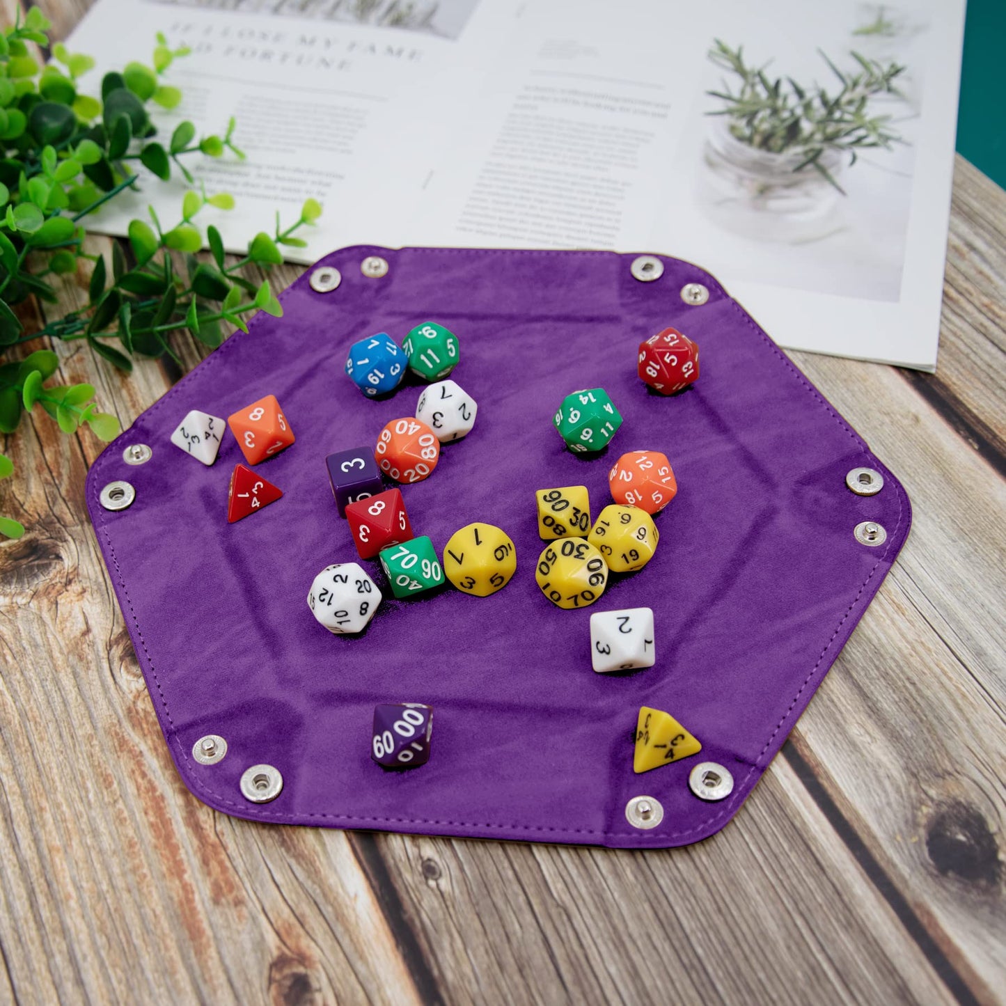 SIQUK 2-Piece Folding Dice Tray – Hexagon PU Leather Dice Holder (Violet & Sky Blue)