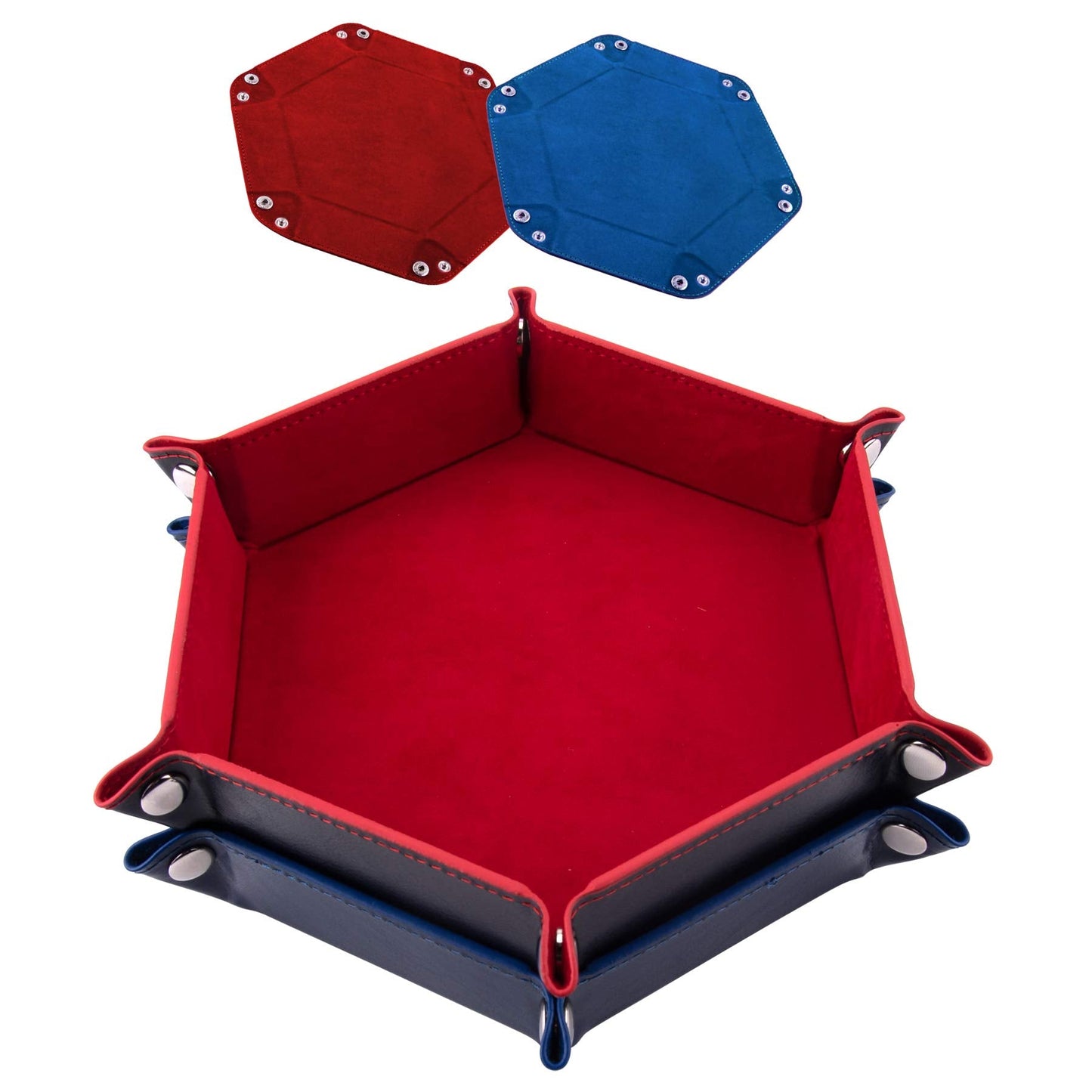 SIQUK 2-Piece Dice Tray Set — PU Leather Hexagon, Folding, 6-Snap Corners, Red & Royal Blue