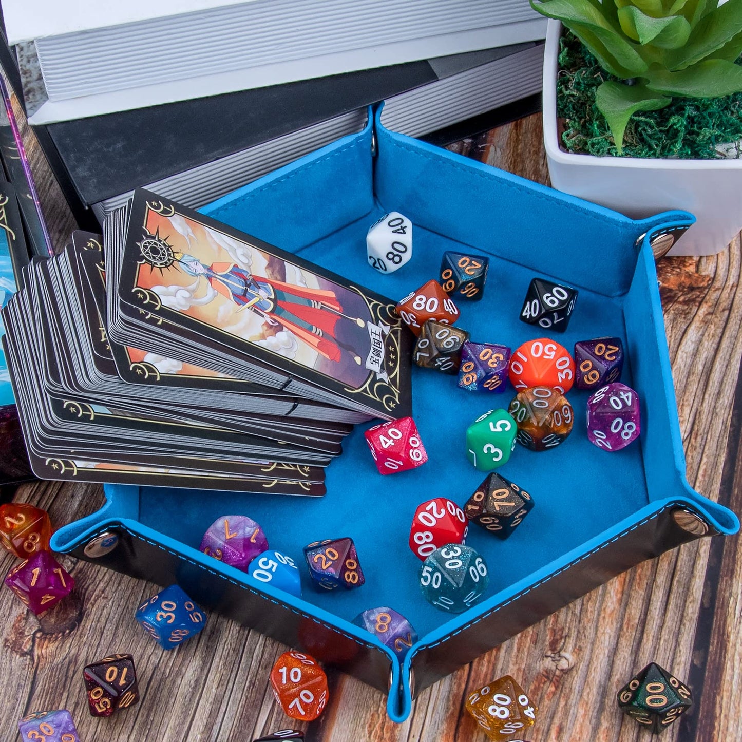 SIQUK 2-Piece Folding Dice Tray – Hexagon PU Leather Dice Holder (Violet & Sky Blue)