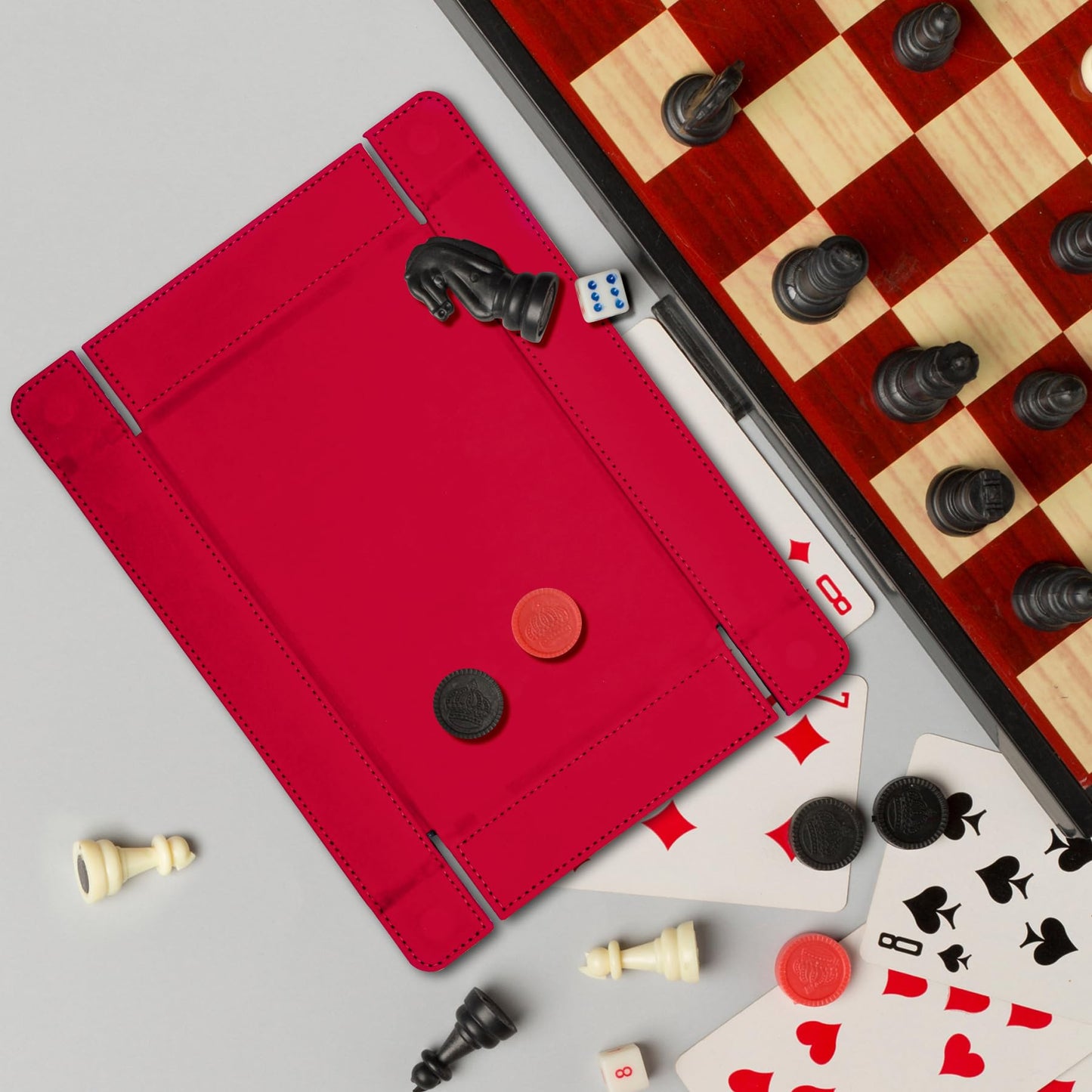 SIQUK Magnetic Folding Dice Tray – Red PU Leather, Rectangle, Foldable