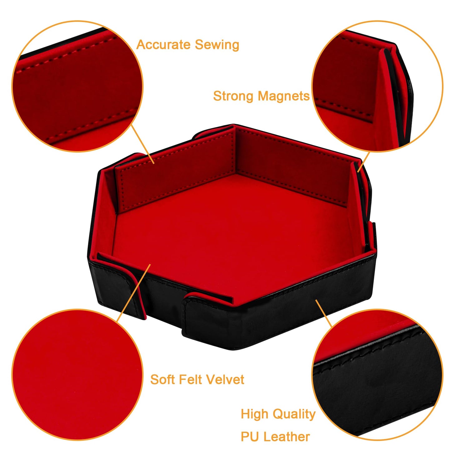 SIQUK Magnetic Folding Dice Tray Hexagon - Red PU Leather, Portable Dice Rolling Mat