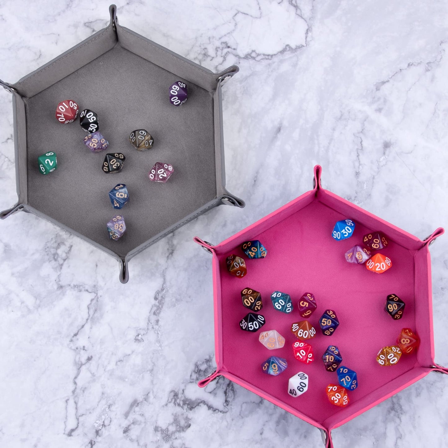 SIQUK 2-Pack Dice Tray – Pink & Gray Hexagon Folding PU Leather Dice Holder for RPG