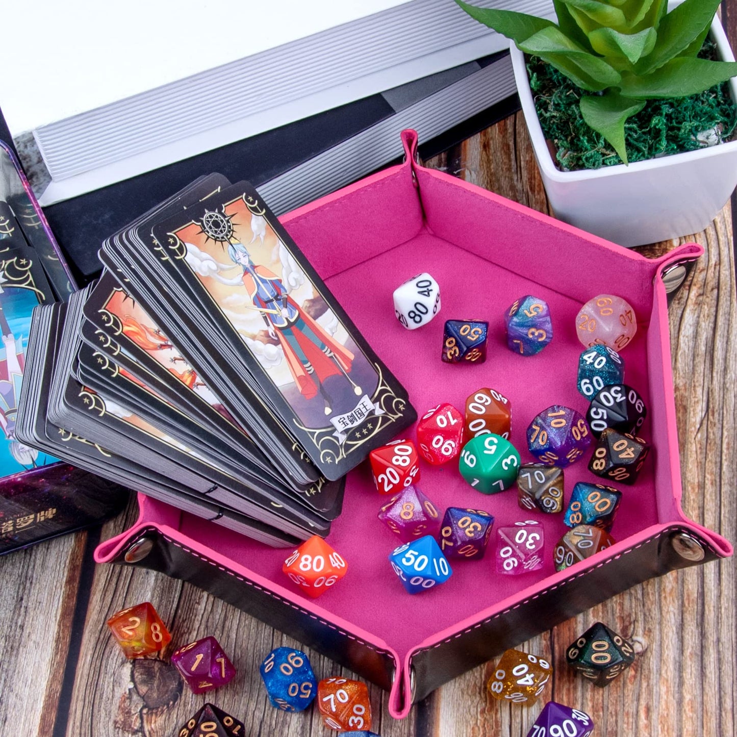 SIQUK 2-Pack Dice Tray – Pink & Gray Hexagon Folding PU Leather Dice Holder for RPG