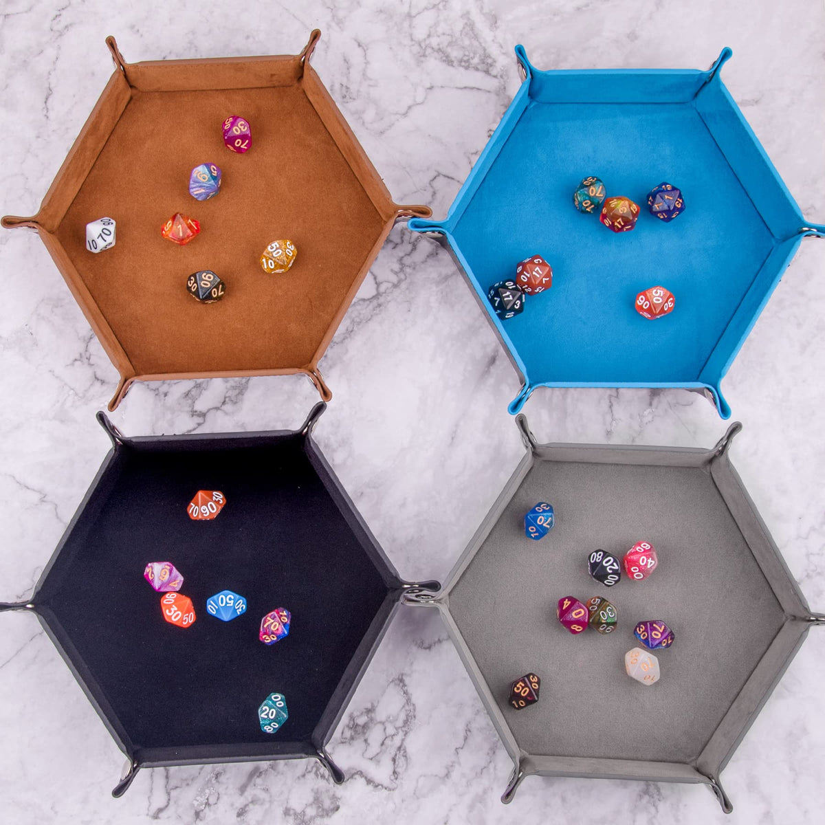 SIQUK 4-Piece Dice Tray Set – Foldable Hexagon Rolling Trays with PU Leather (Camel, Sky Blue, Black, Gray)