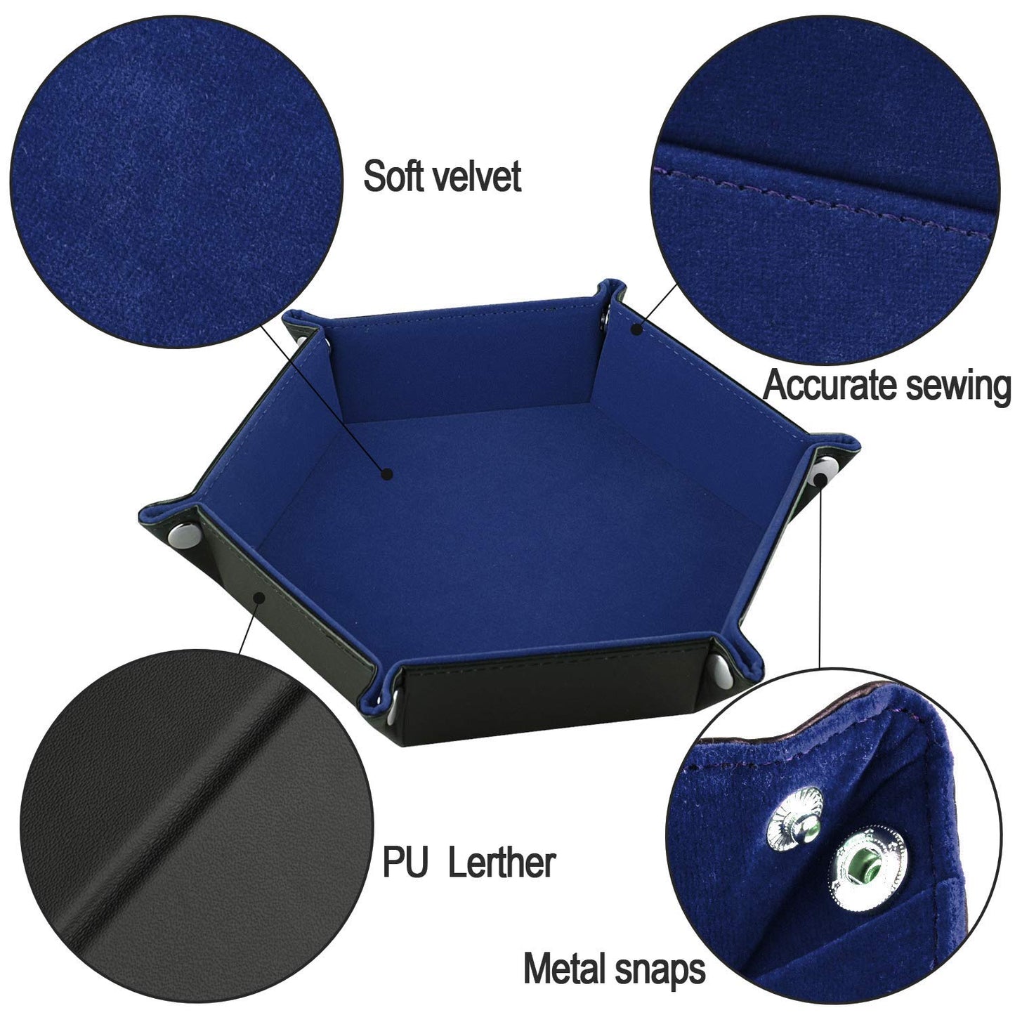 SIQUK Double Sided Dice Tray – Hexagon, Velvet Interior, Leather Exterior (Blue)