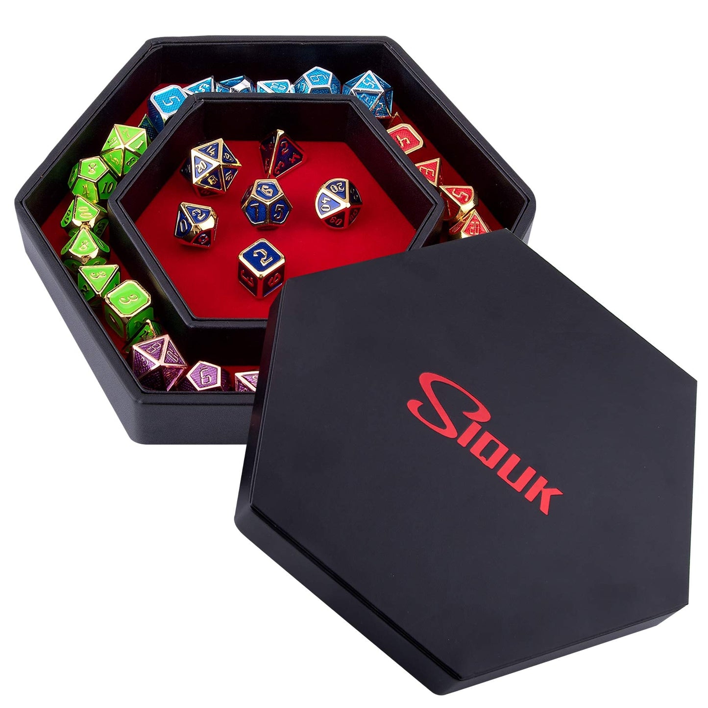 SIQUK Hexagon Dice Tray with Lid - Red Dice Rolling Tray for RPGs & DND