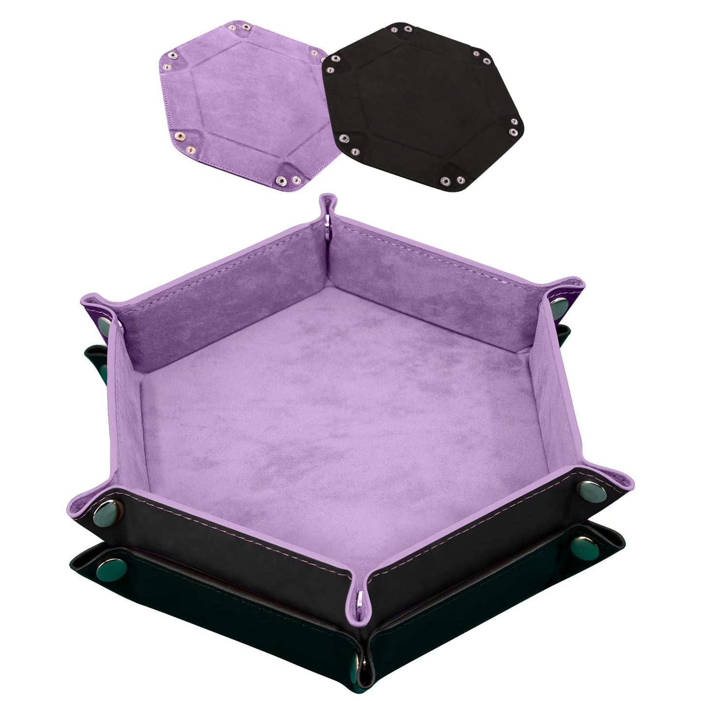 SIQUK 2-Piece Dice Tray – Folding Hexagon PU Leather Dice Roller Tray (Lilac & Black) for RPG and Table Games
