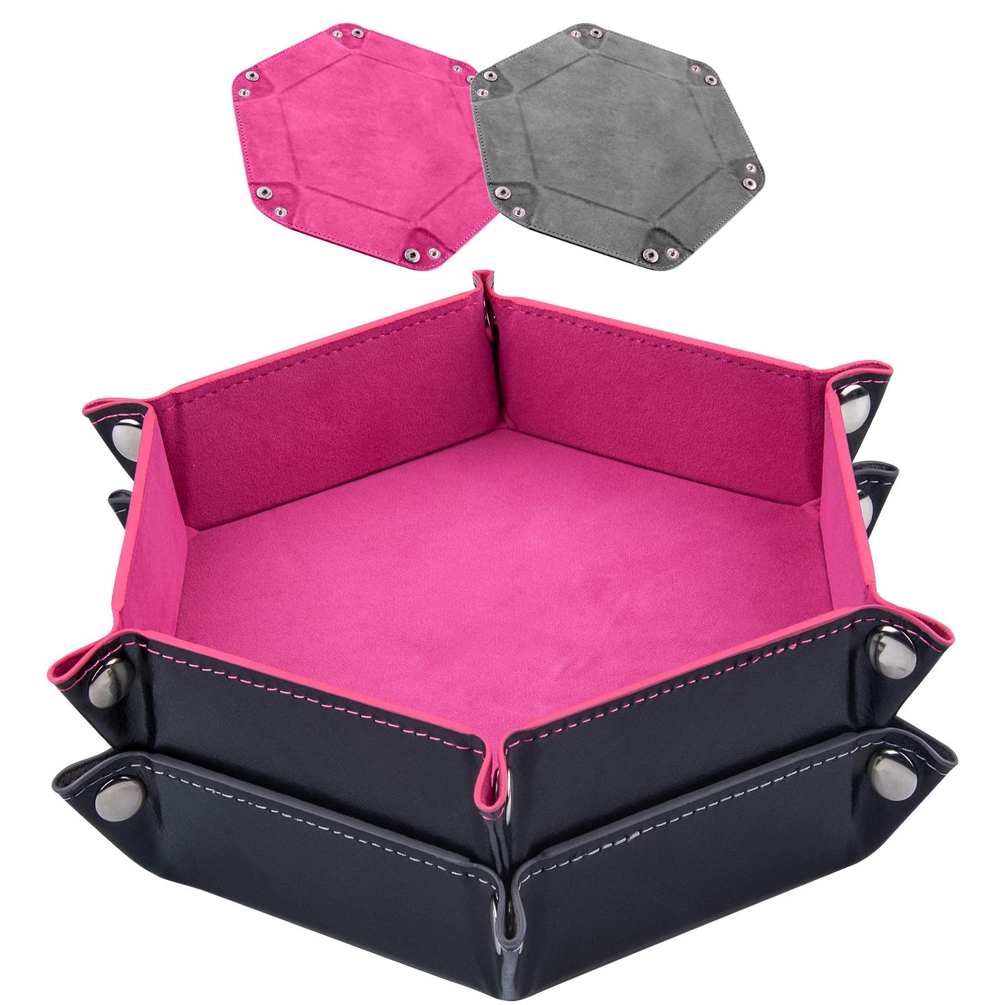 SIQUK 2-Pack Dice Tray – Pink & Gray Hexagon Folding PU Leather Dice Holder for RPG