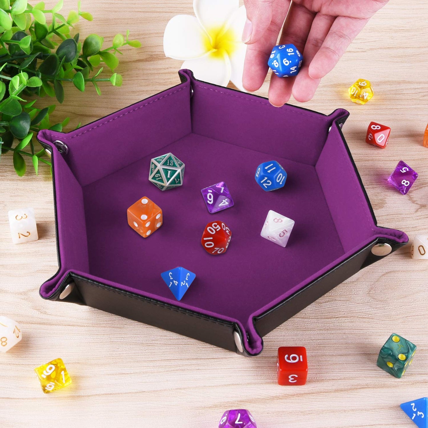 SIQUK Double Sided Dice Tray – Folding Hexagon PU Leather & Velvet Dice Holder (Dark Violet)