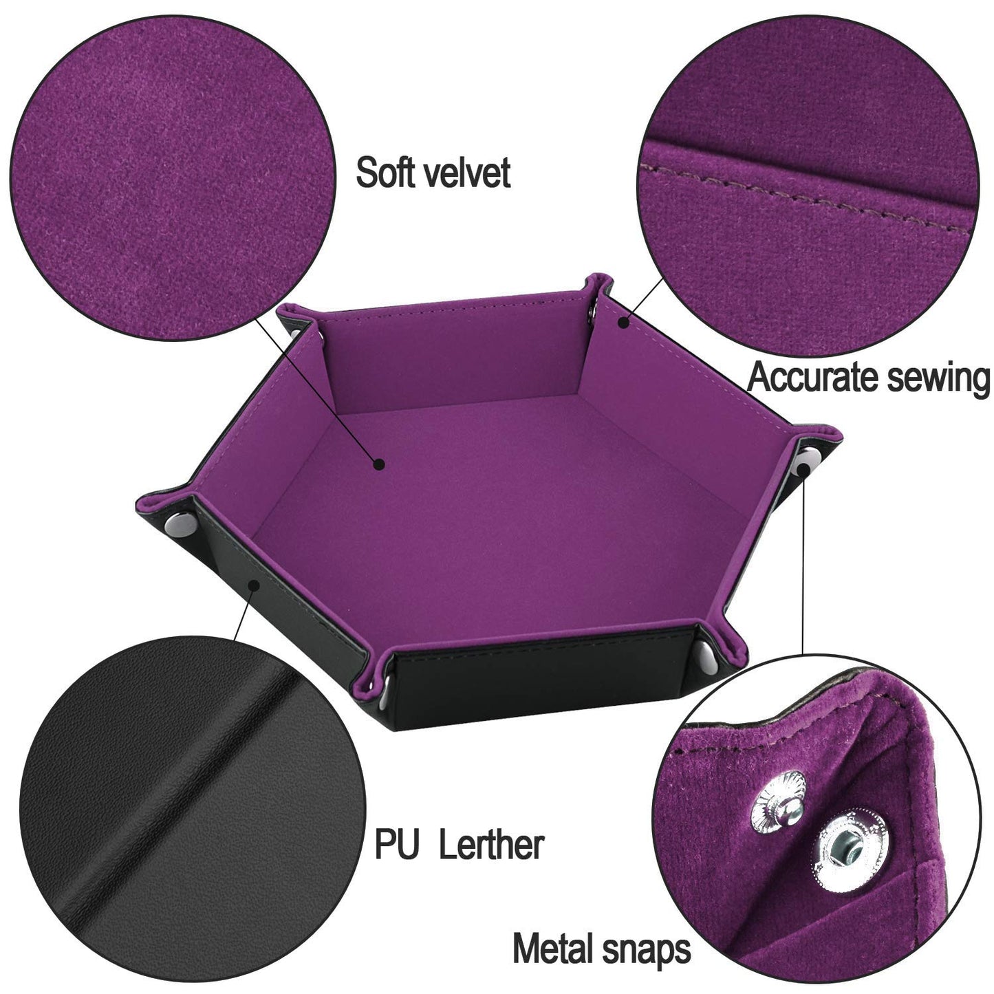 SIQUK Double Sided Dice Tray – Folding Hexagon PU Leather & Velvet Dice Holder (Dark Violet)