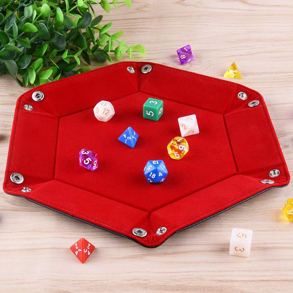SIQUK Double Sided Dice Tray — Folding Hexagon PU Leather & Burgundy Velvet for D&D and Tabletop Gaming