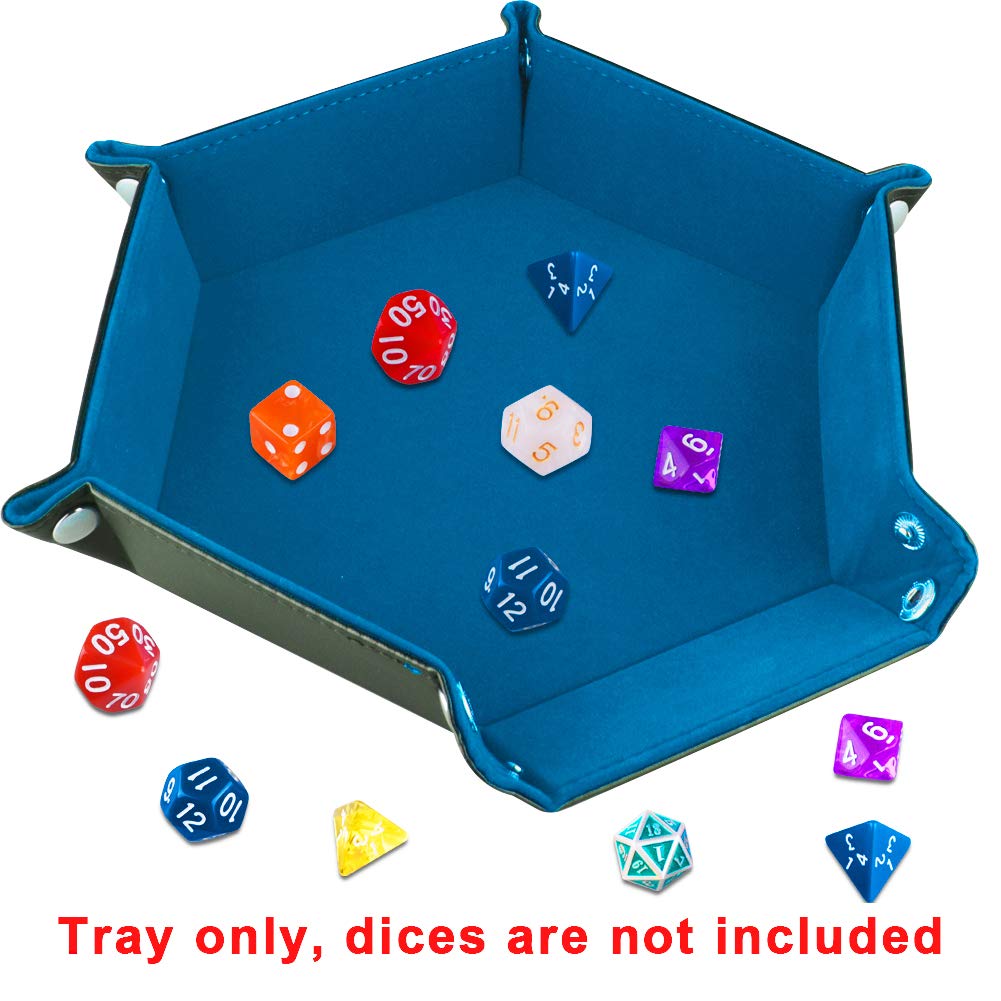 SIQUK Double Sided Hexagon Dice Tray – Velvet Interior & PU Leather Exterior, Folding DND Dice Holder, Sky Blue