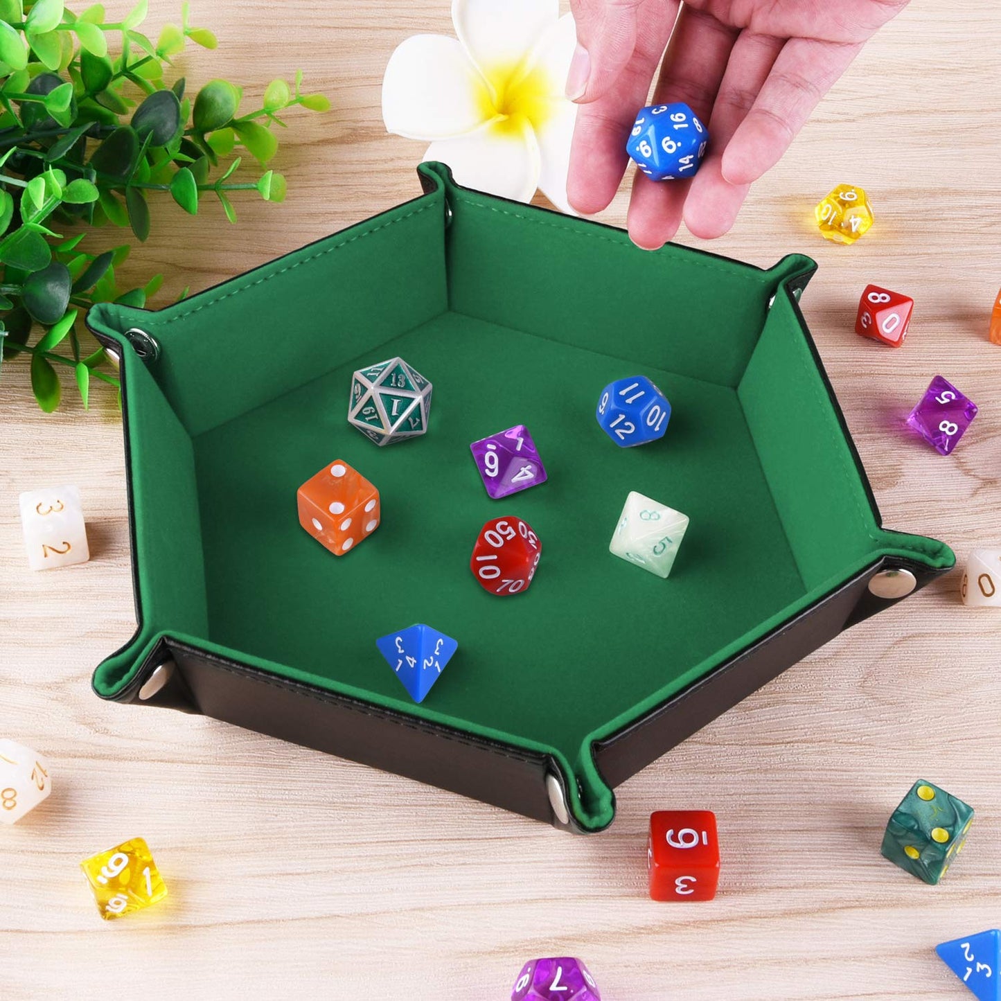 SIQUK Double Sided Dice Tray – Folding Hexagon in Dark Green Velvet