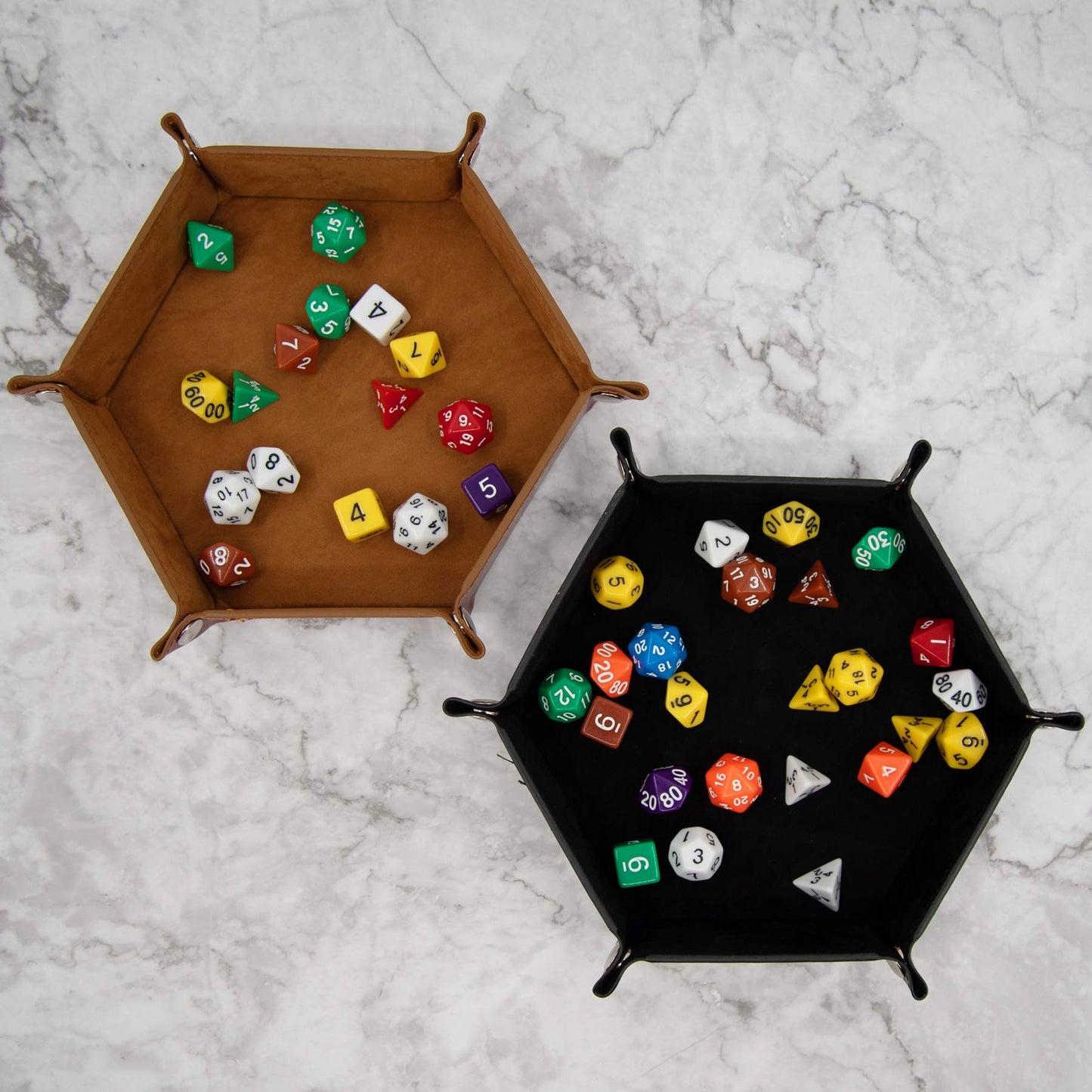 SIQUK 2-Piece Dice Tray – PU Leather Folding Hexagon Dice Holder (Camel & Black)