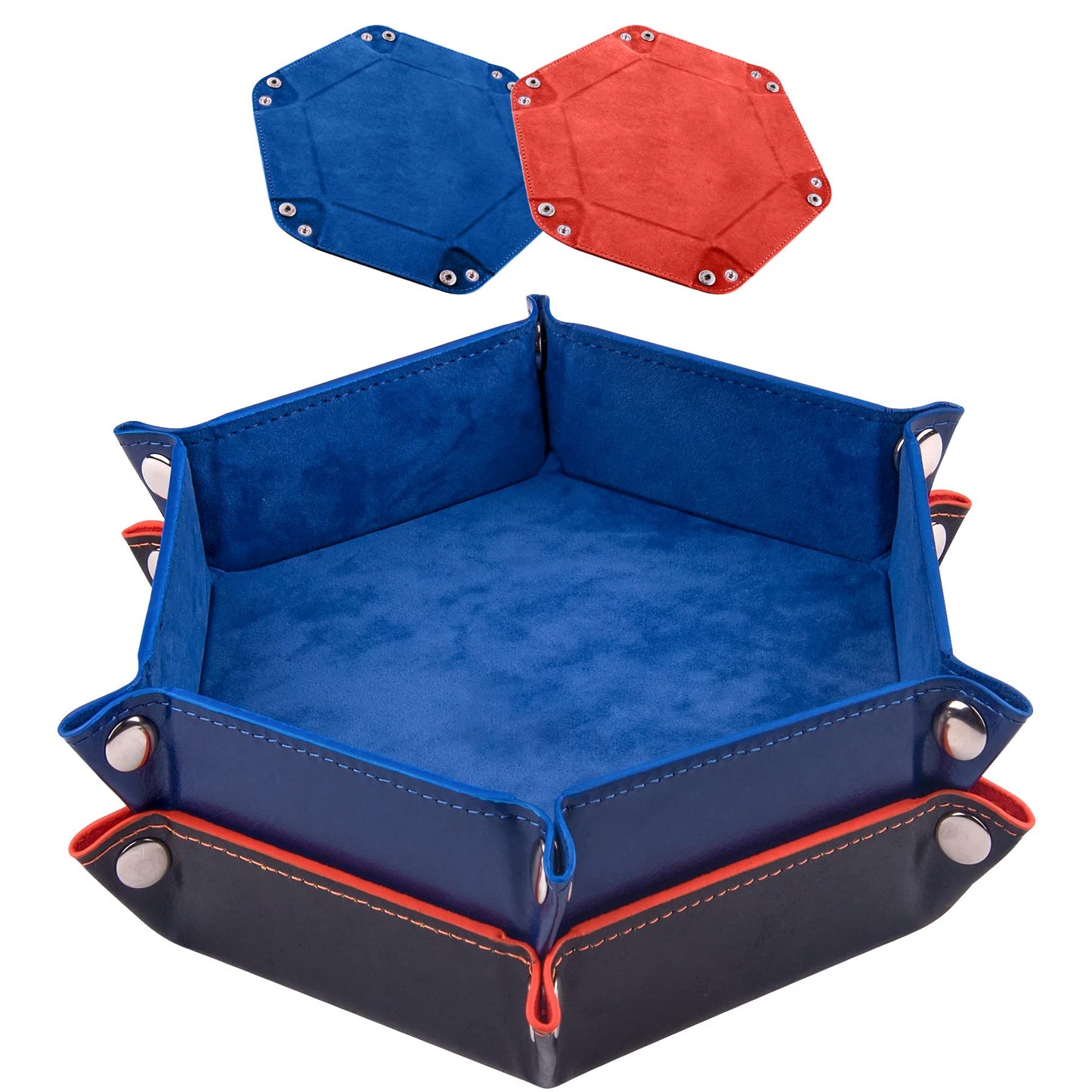 SIQUK 2-Piece Dice Tray – PU Leather Folding Hexagon Dice Holder (Royal Blue & Orange)
