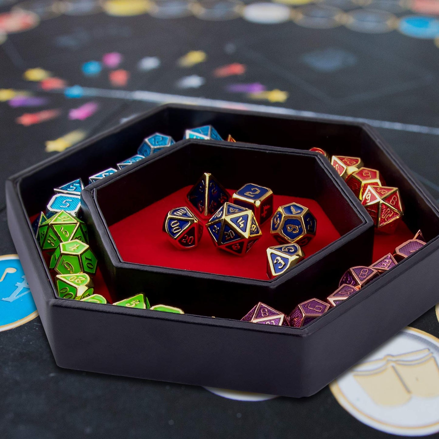SIQUK Hexagon Dice Tray with Lid - Red Dice Rolling Tray for RPGs & DND