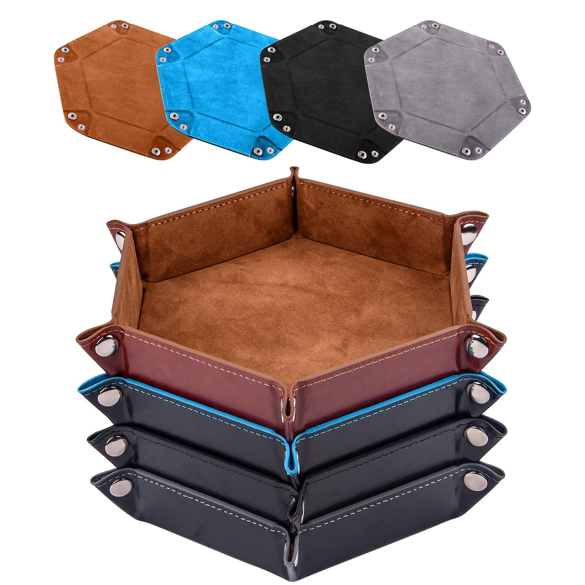 SIQUK 4-Piece Dice Tray Set – Foldable Hexagon Rolling Trays with PU Leather (Camel, Sky Blue, Black, Gray)
