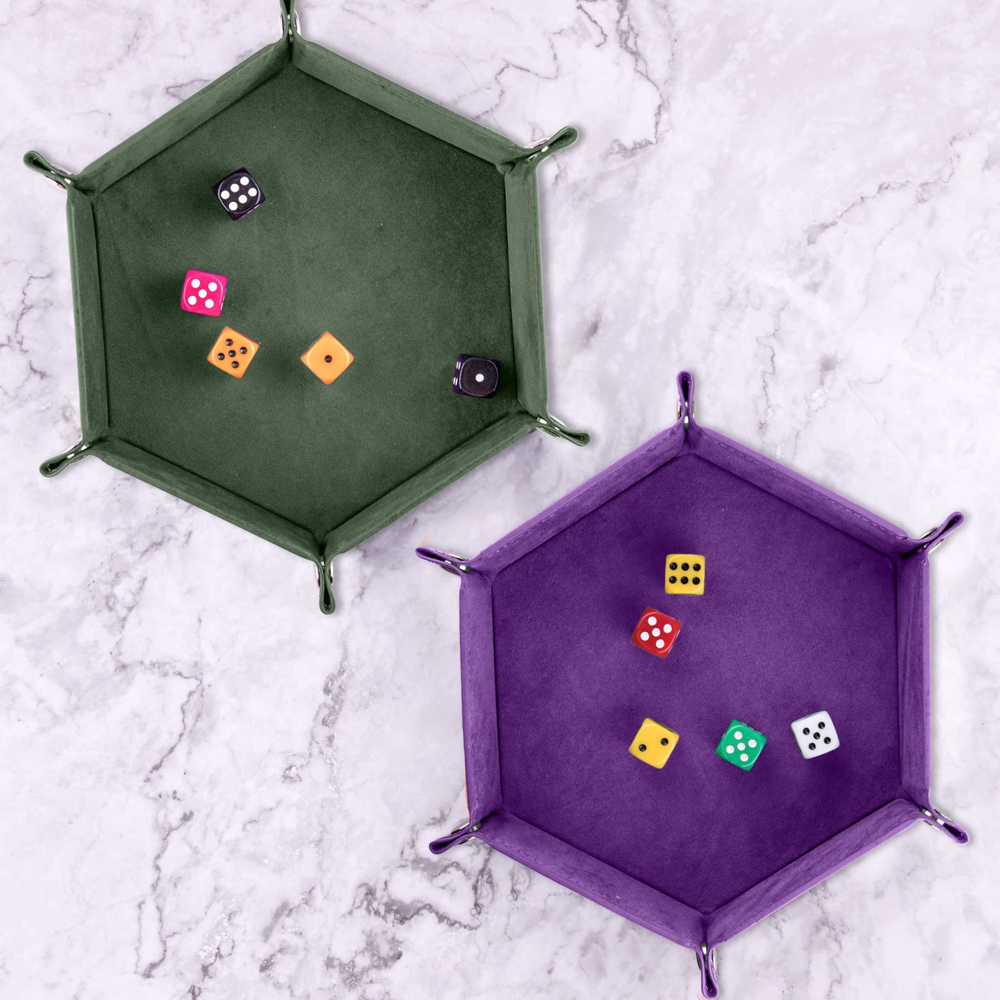 SIQUK 2 Pieces Dice Tray – Foldable Hexagon PU Leather, Dark Green & Violet
