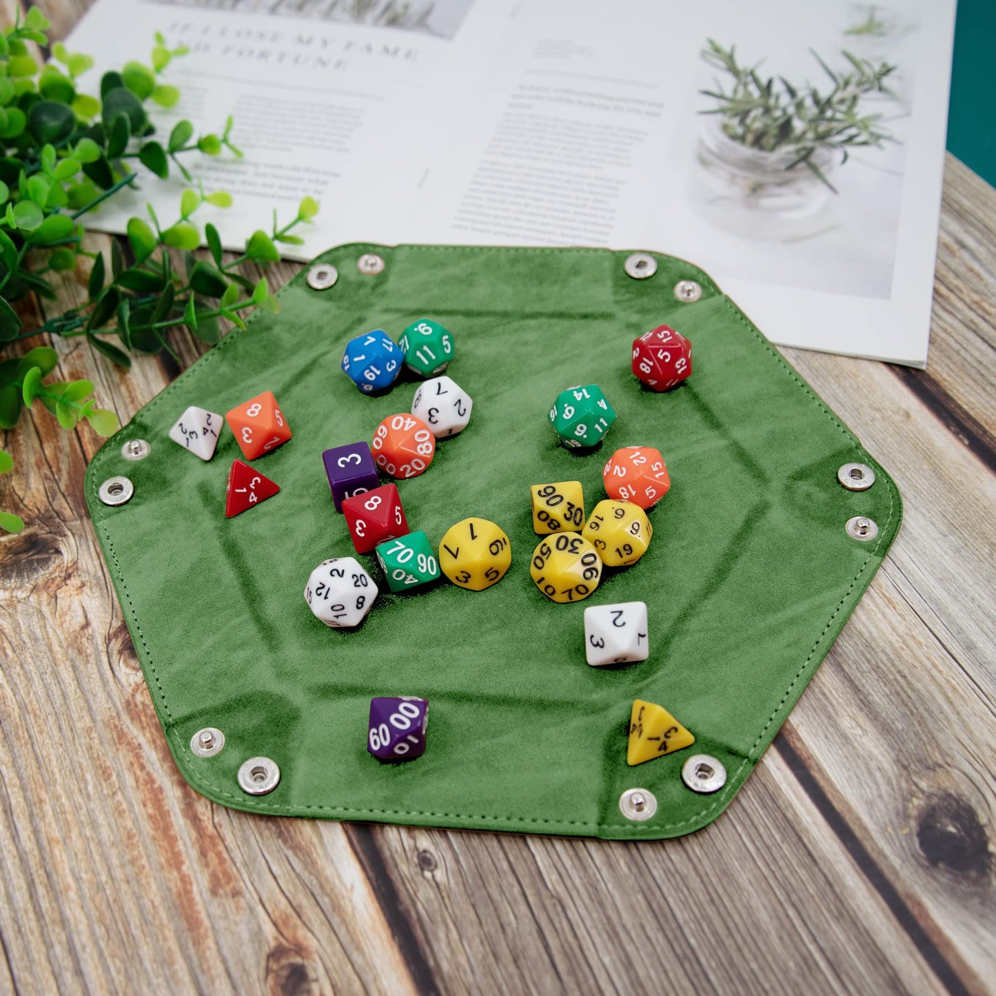 SIQUK 2-Piece Dice Tray | Portable Hexagon PU Leather Dice Roller Tray for RPG & DND – Green & Camel