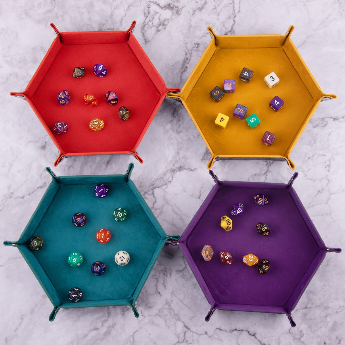 SIQUK 4-Piece Foldable Hexagon Dice Tray Set – PU Leather Dice Holder for RPG (Orange, Yellow, Cyan, Violet)