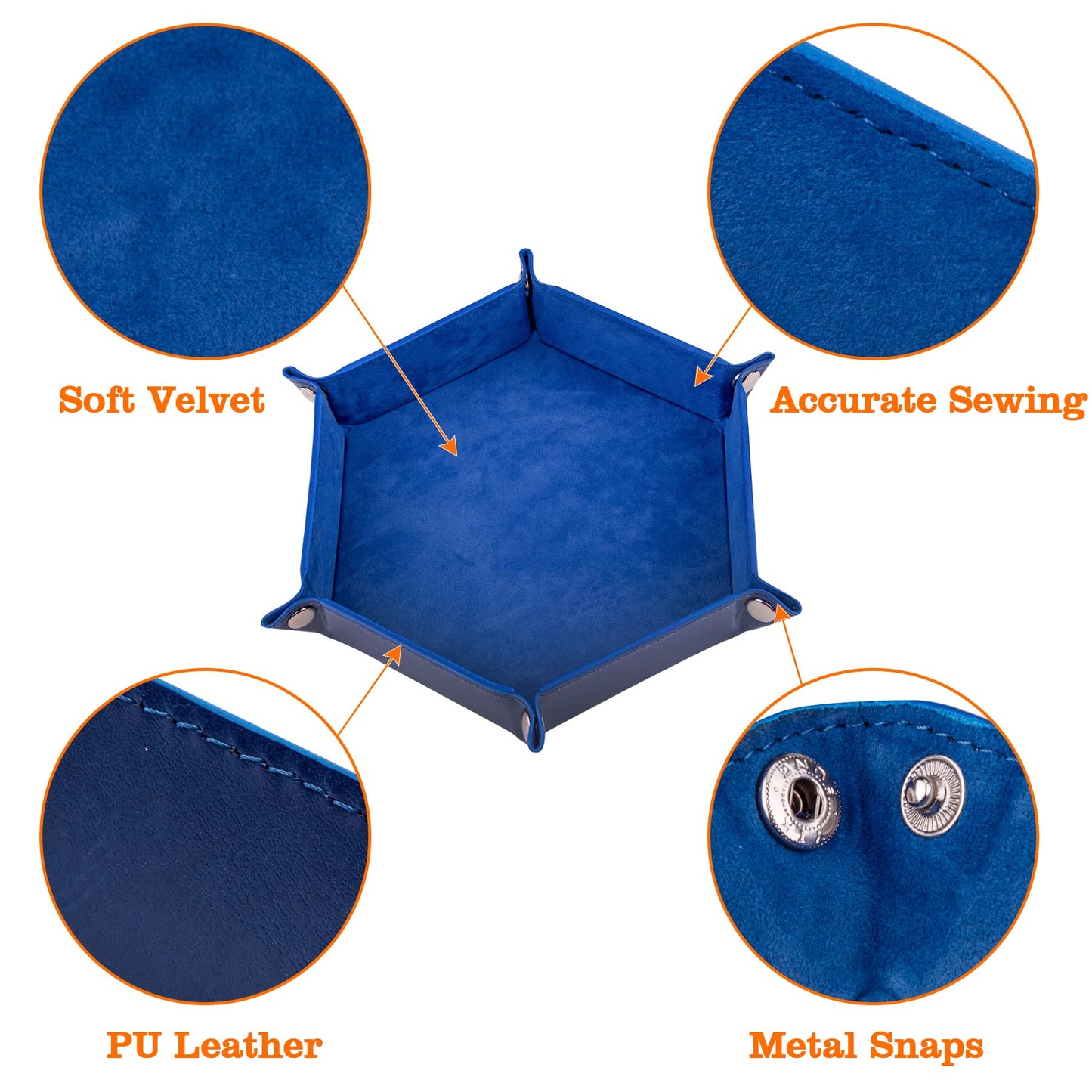 SIQUK 2-Piece Dice Tray – PU Leather Folding Hexagon Dice Holder (Royal Blue & Orange)