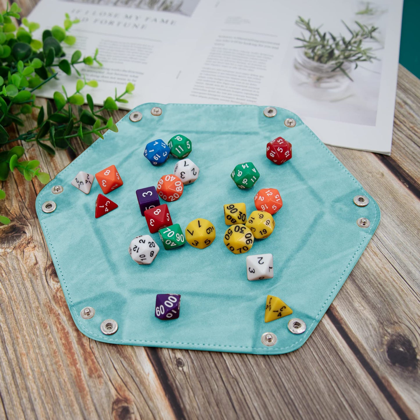 SIQUK 2-Piece PU Leather Dice Tray – Hexagon Folding Dice Holder for RPG, DND & Tabletop Games (Light Blue & Black)