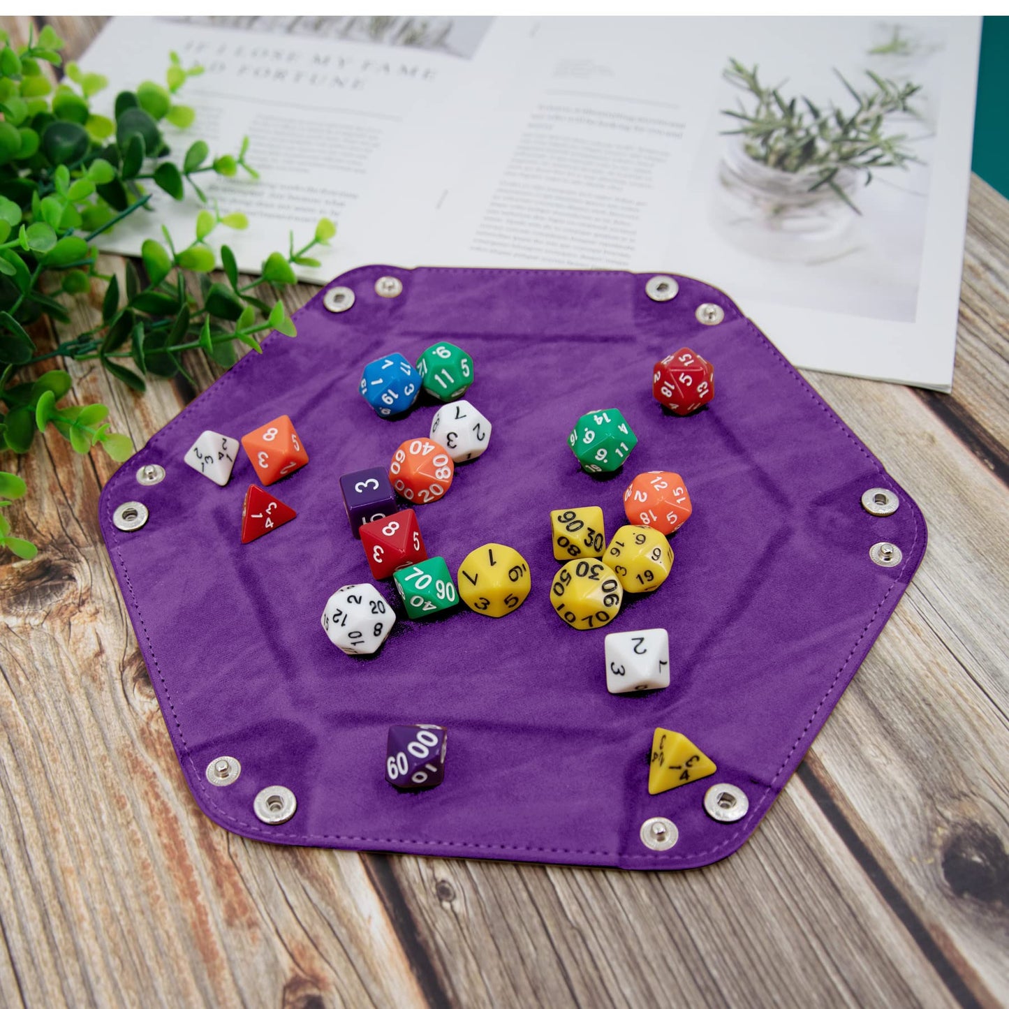 SIQUK 2 Pieces Dice Tray – Foldable Hexagon PU Leather, Dark Green & Violet