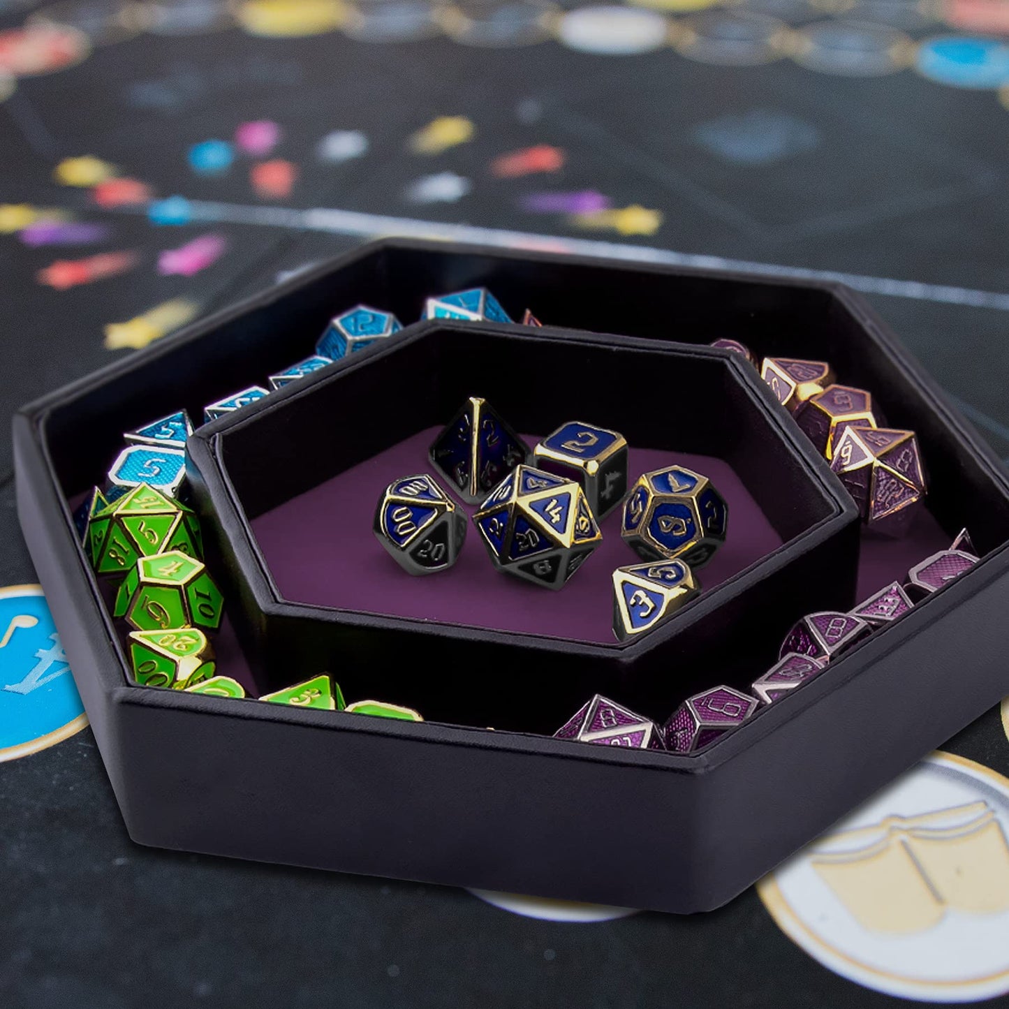 SIQUK Dice Tray with Lid – Hexagon Purple for RPG, DND, and Tabletop Games