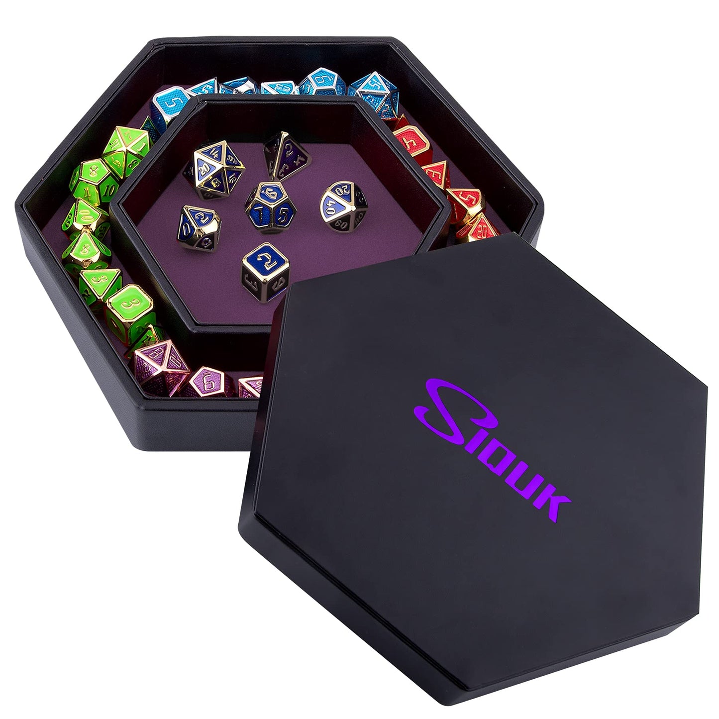 SIQUK Dice Tray with Lid – Hexagon Purple for RPG, DND, and Tabletop Games