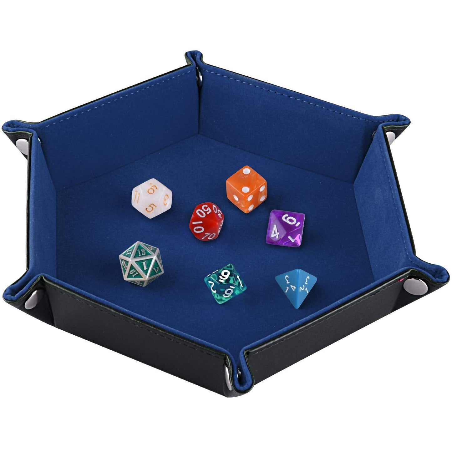 SIQUK Double Sided Dice Tray – Hexagon, Velvet Interior, Leather Exterior (Blue)
