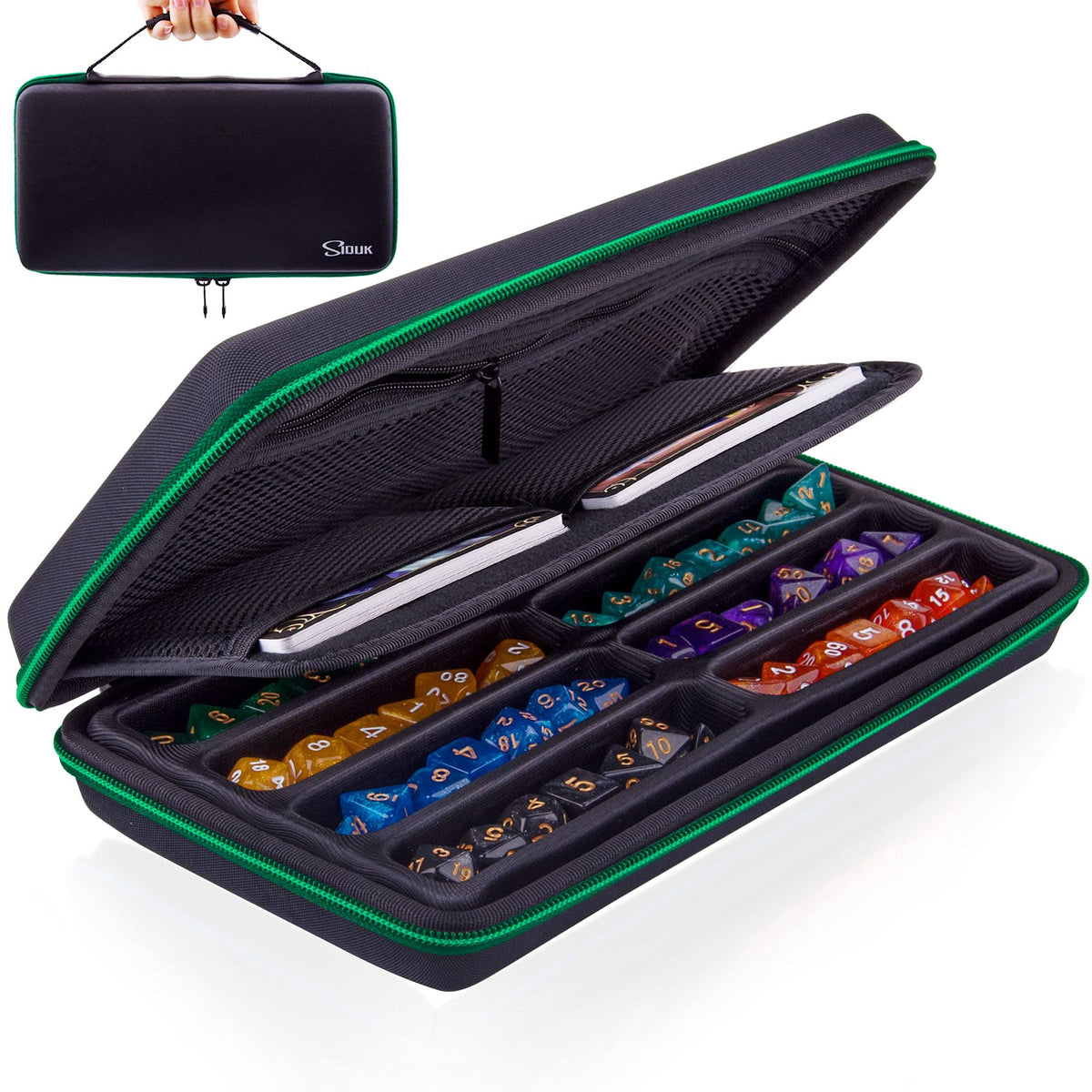 SIQUK Green EVA Dice Case with Detachable Tray & Handle for Dungeons & Dragons & RPGs