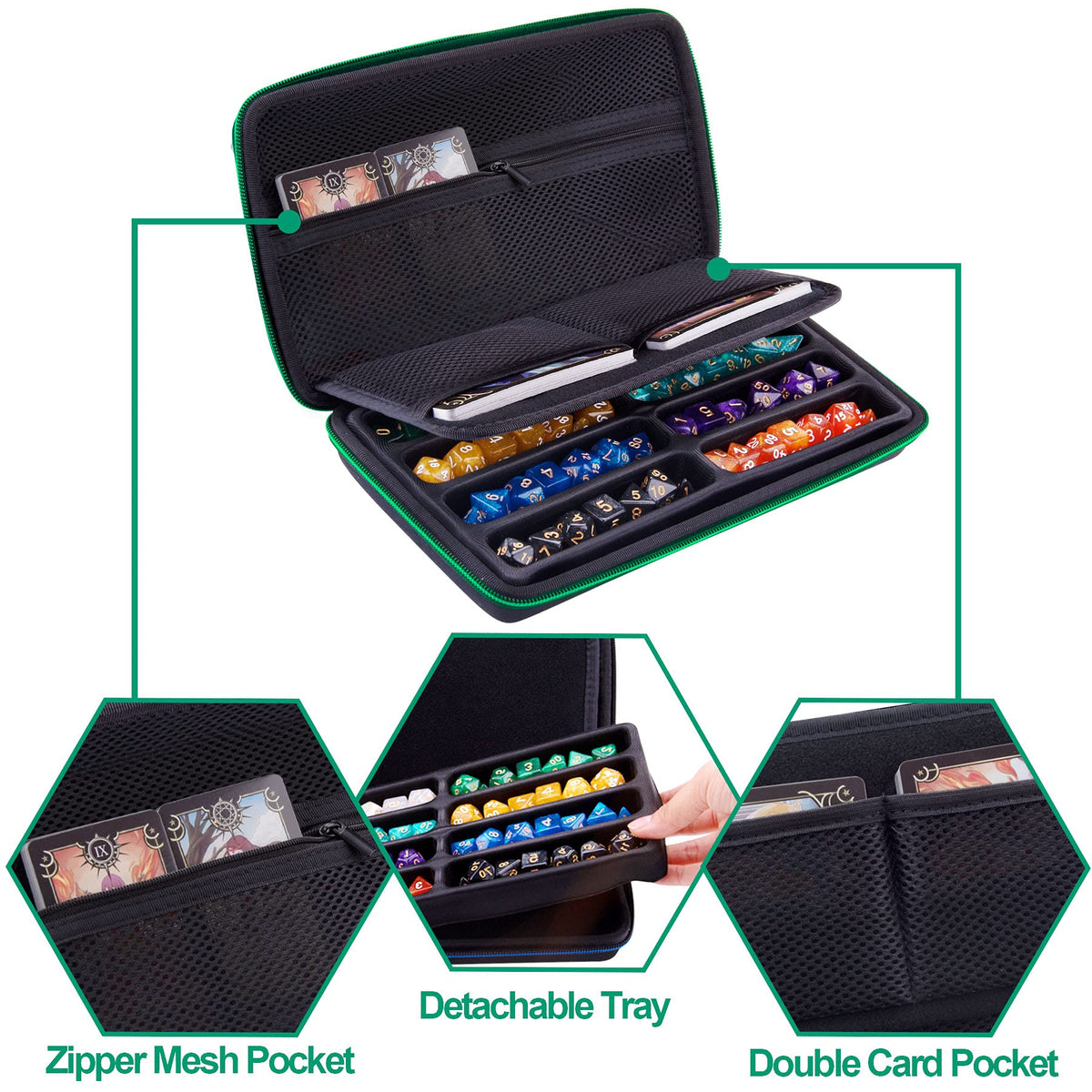 SIQUK Green EVA Dice Case with Detachable Tray & Handle for Dungeons & Dragons & RPGs