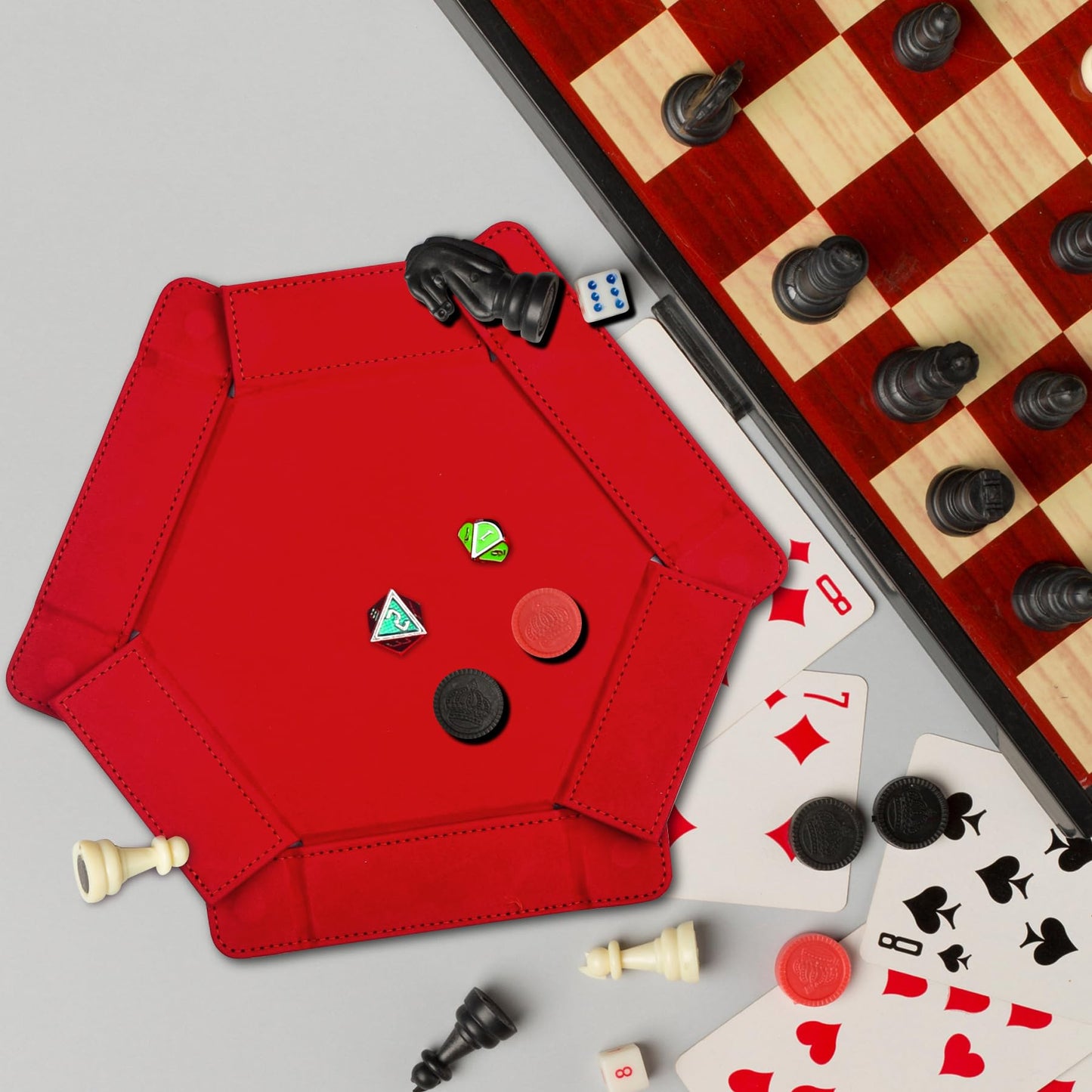 SIQUK Magnetic Folding Dice Tray Hexagon - Red PU Leather, Portable Dice Rolling Mat