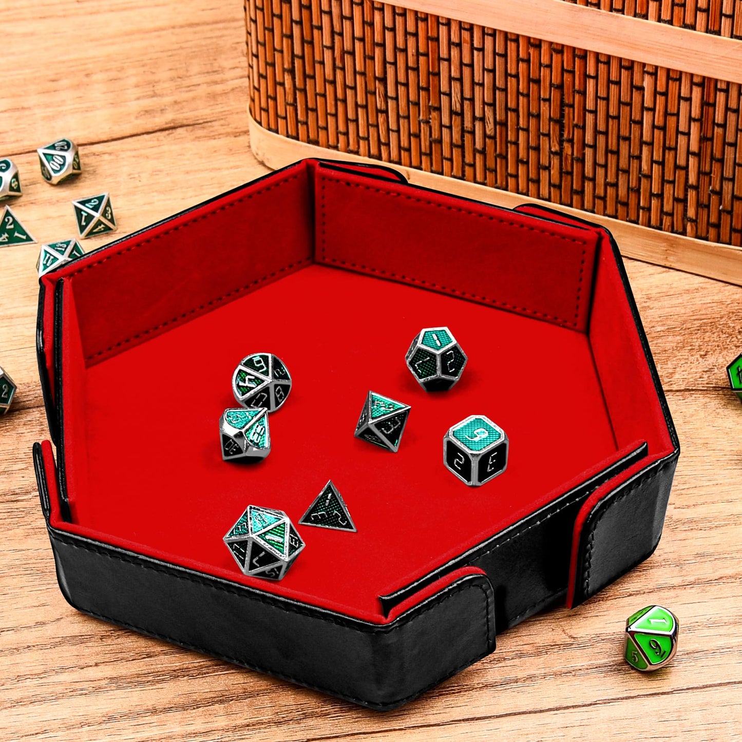 SIQUK Magnetic Folding Dice Tray Hexagon - Red PU Leather, Portable Dice Rolling Mat