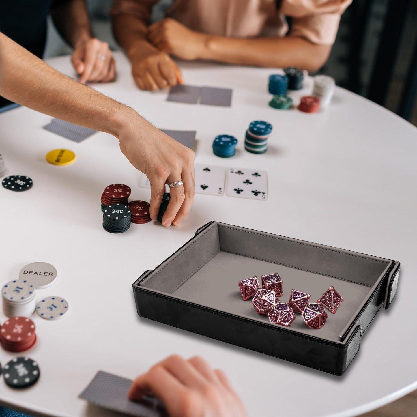 SIQUK Magnetic Folding Dice Tray – Rectangle PU Leather, Foldable Gray D&D Rolling Tray