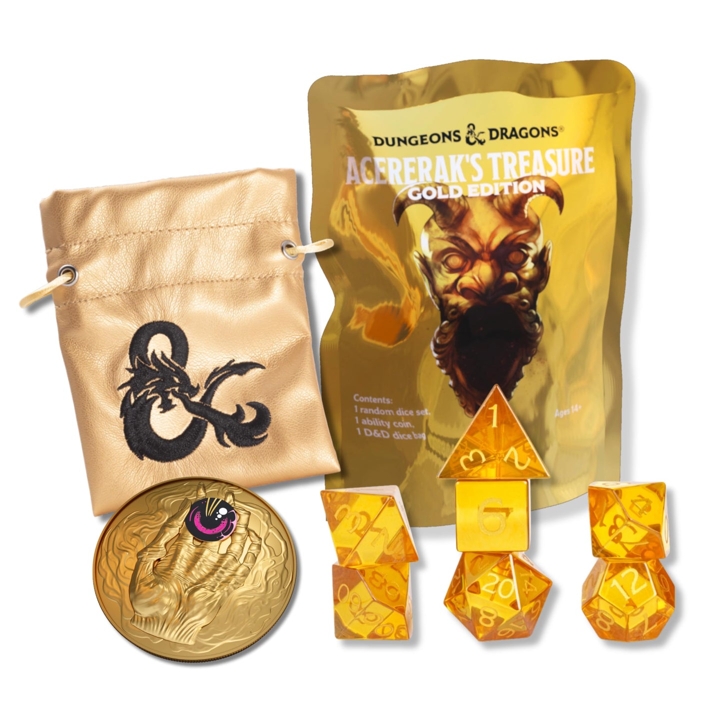 Sirius Dice Acererak's Treasure Packs: Gold Edition | 7-Piece Dice Set, Ability Coin, Embroidered D&D Bag