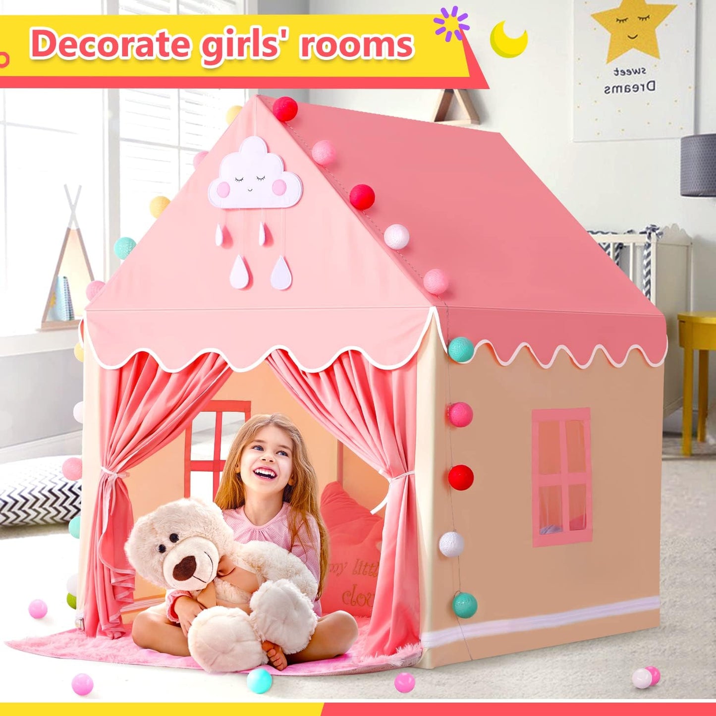 SISTICKER Kids Play Tent – Large Pink Princess Castle for Indoor & Outdoor Play